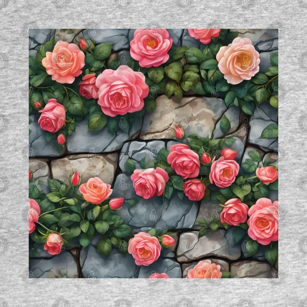 NUANCED CLIMBING ROSE ON STONE WALL by Ciervo Primavera